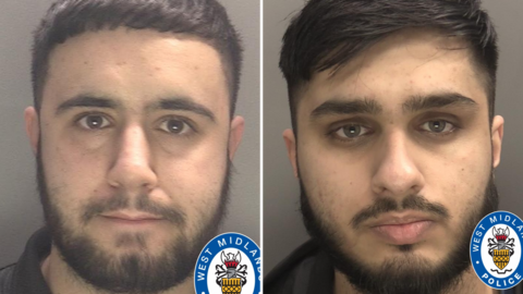 A composite police image of Mohammed Khan and Mohammed Haydar. Both have short dark hair, beards and moustaches.