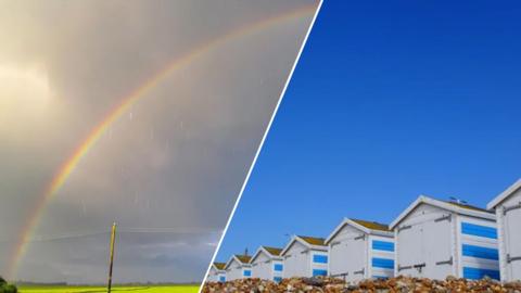 one side of the image has rain clouds and a rainbow, the other side has some beach huts on a clear blue sky day