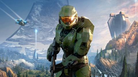 The main character of the Halo series, known as the Master Chief, stands in this promo artwork for the upcoming Halo:Infinite