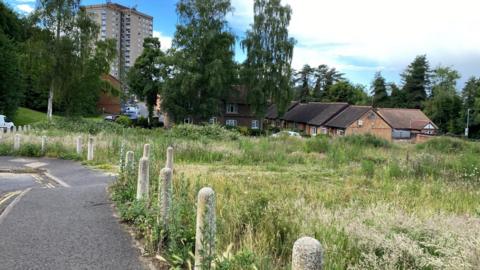An area with grass and wild plants runs parallel to a road. Bollards fence off the green space. Houses can be seen in the background while in the far distance is a tower block. Tall trees edge the green space and cars are parked nearby.