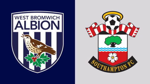 The West Bromwich Albion and Southampton club badges side by side. The WBA one shows a bird on a blue and white striped background. Southampton's has a tree standing over waves