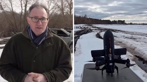 Composite image of Landale standing in snowy field, and the interceptor