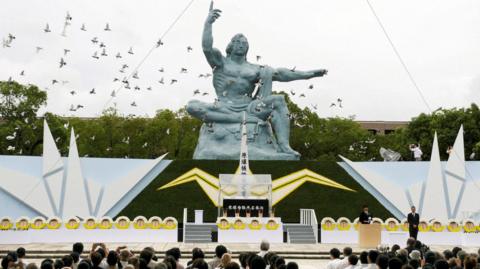 Nagasaki peace statue during ceremony in 2010