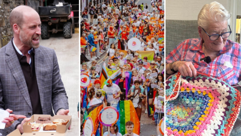 Three side-by-side images; on the left Prince William, a man with a short greying beard wearing a grey checked blazer holds out a cardboard box with a selection of cakes. In the middle, a crowd of people walk holding rainbow coloured flags and banners. On the right, an older lady with grey hair knits a colourful blanket.