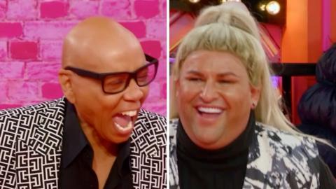 Composite image of RuPaul - in a black and white suit - and David Potts - in a blonde wig - laughing