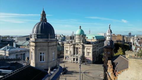 An elevated view of Queen Victoria Square in Hull on a clear day