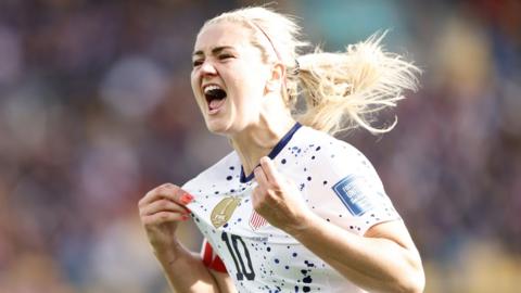 Lindsey Horan celebrates after scoring for the United States against the Netherlands at the Women's Wolrd Cup