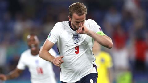 Harry Kane celebrates for England after scoring against Ukraine in Euros quarter-final