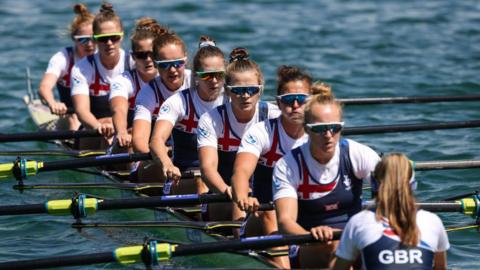 Great Britain compete in the LM2x-race during the European Rowing Championships in Munich on August 11, 2022