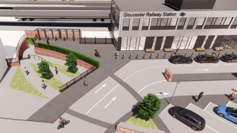 A digitally rendered picture of Gloucester station showing what it may look like when it's improved