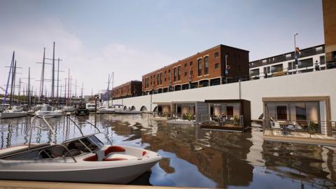 Artist's impression of the marina with the floating cabin holiday lets