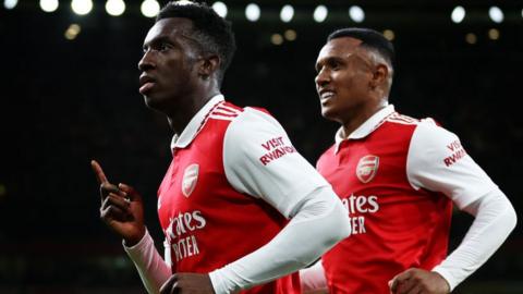 Eddie Nketiah celebrates scoring for Arsenal