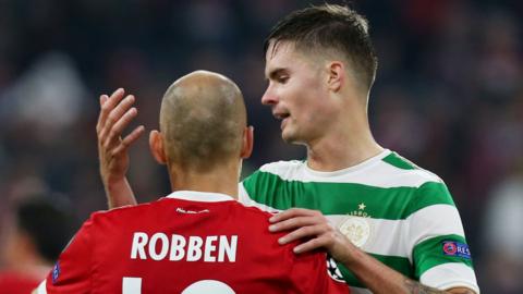 Bayern Munich's Arjen Robben and Celtic's Mikael Lustig