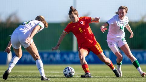 Angharad James in action for Wales against the Republic of Ireland at the 2022 Pinatar Cup