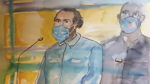 A courtroom sketch made on November 16, 2020, shows defendant Ayoub El Khazzani