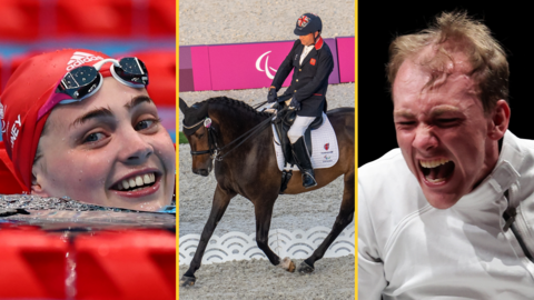 Split-image of Tully Kearney smiling after setting a new world record to win the S5 100m freestyle gold medal at the Tokyo Paralympics, plus Lee Pearson competing in the Para-dressage Grade II individual test and Piers Gilliver celebrating his gold in the men's individual epee fencing