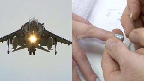 A fighter jet (left) and a person getting their nails painted (right)
