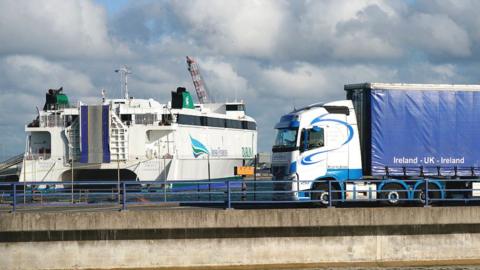 Lorry pulls towards Irish Ferries ferry at Holyhead, Anglesey, Wales, UK