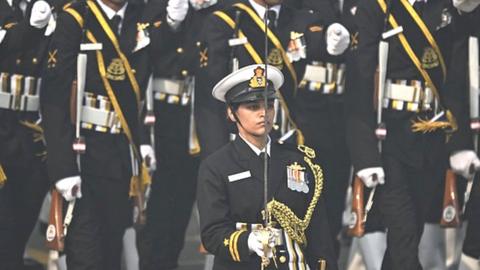 Indian Coast Guard cadets march past during India's 75th Republic Day parade in New Delhi on January 26, 2024