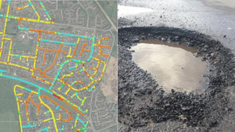 Satellite images showing the inspection of roads and a pothole (right)