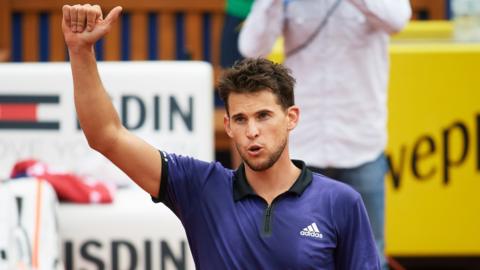 Austria's Dominic Thiem gives a thumbs up in celebration after winning the 2019 Barcelona Open