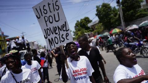 Demonstrators in Haiti demanding justice for assassinated ex-president Jovenel Moise on the first anniversary of his death in July.