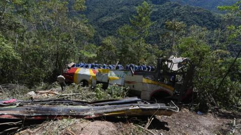 View of the bus that fell into a ravine in Bolivia