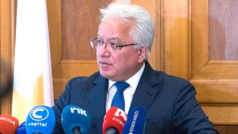 Justice Minister Ionas Nicolaou announcing resignation