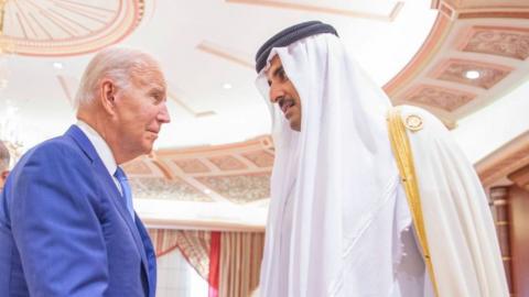 Emir of Qatar Sheikh Tamim bin Hamad Al Thani meets U.S. President Joe Biden within Jeddah Security and Development Summit in Jeddah, Saudi Arabia on July 16, 2022.