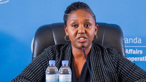 Rwandan government spokesperson Yolande Makolo talks during a press conference at the Rwandan Ministry of Foreign Affairs building in Kigali, Rwanda on June 14, 2022, regarding the UK's plan to send immigrants and asylum seekers to Rwanda