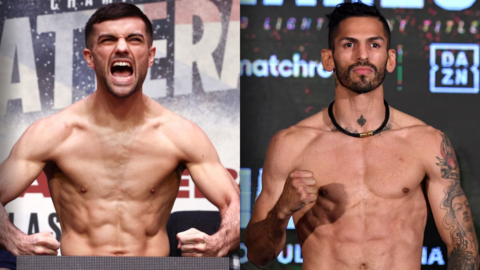 A side-by-side photo of Jack Catterall and Jorge Linares at weigh-ins for previous bouts