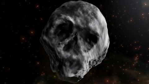 An artist impression of the Halloween asteroid shaped like a human skull