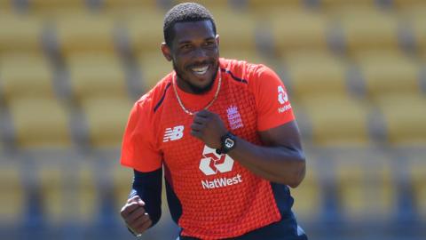 England bowler Chris Jordan celebrates taking a wicket against New Zealand in a T20 international