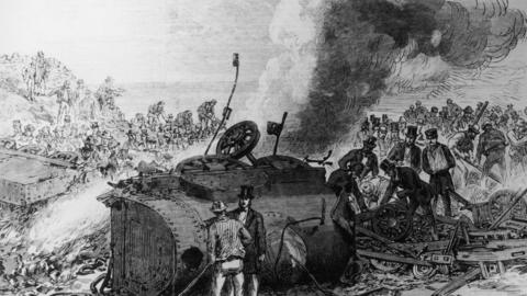 A sketch depicts the scene of the 1868 Abergele Train Disaster