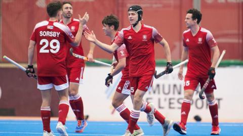 The England team celebrate a goal