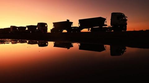 Lorries queuing to cross the border,