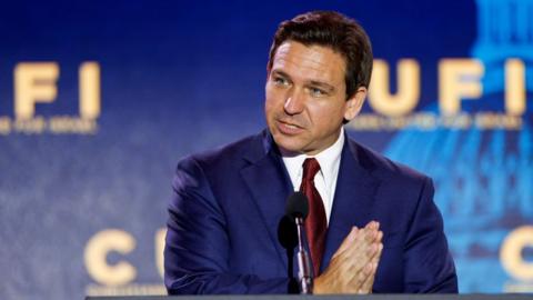 Republican presidential candidate Florida Governor Ron DeSantis delivers remarks at the 2023 Christians United for Israel summit on July 17, 2023 in Arlington, Virginia. For this year's summit, CUFI hosts 2024 Republican presidential candidates hopefuls to speak amidst other pro-Israel activists. (