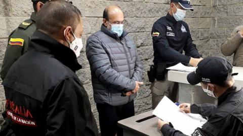 Rodrigo Tovar Pupo (C), alias Jorge 40, upon his arrival at the bunker at the Prosecutor"s Office in Bogota, Colombia, 28 September 2020