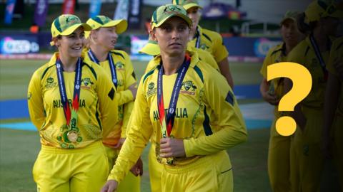 Australia celebrate in a graphic also including a question mark as this is a quiz