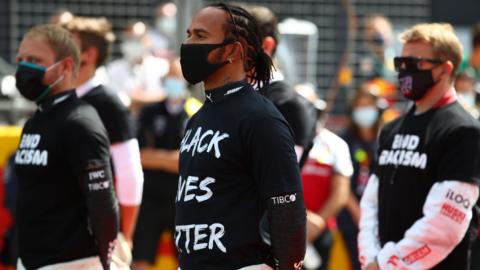 Lewis Hamilton wears a Black Lives Matter T-shirt