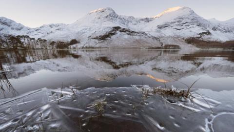 Snow on the hills around Buttermere in the Lake District