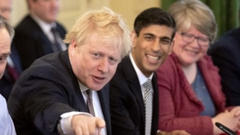 Therese Coffey, Rishi Sunak and Boris Johnson during a cabinet meeting in February