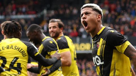 Matheus Martins celebrates scoring for Watford against QPR by shouting towards fans