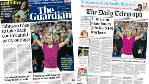 Composite image of the Guardian and Telegraph front pages.