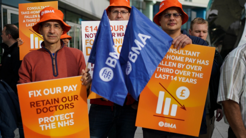 Junior doctors and consultants on a picket line outside Queen Elizabeth Hospital on 2 October