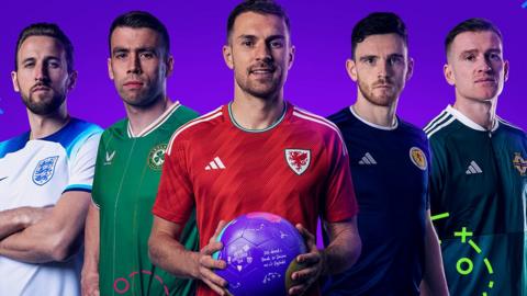 Capten Cymru, Aaron Ramsey, gyda chapteiniaid y gwledydd eraill - Harry Kane (Lloegr), Seamus Coleman (Iwerddon), Andy Robertson (Yr Alban), a Steven Davis (Gogledd Iwerddon) yn lansio'r cais i gynnal Euro 2028