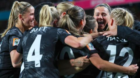New Zealand's players celebrate after scoring against Norway at the 2023 Women's World Cup