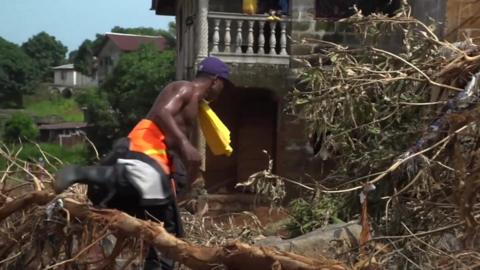 Rescue worker climbs over tree