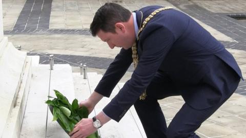 Sinn Féin Lord Mayor John Finucane lays a laurel wreath at Belfast City Hall, to mark anniversary of Battle of Somme