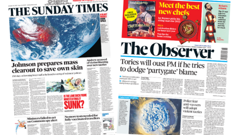 The Sunday Times and the Observer front page 16 January 2022